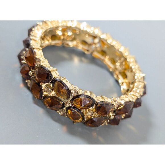 Monet Brown Rhinestone Tennis Bracelet 7" Stretch Gold Tone - Picture 2 of 8